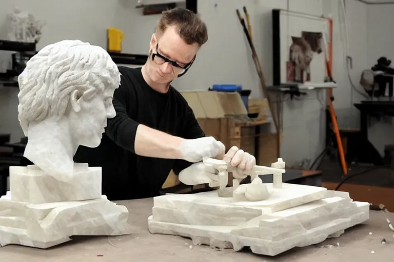 Prompt: a sculptor carving a 3 d printer from a block of marble