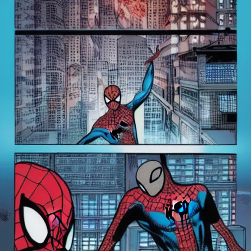 Prompt: spider man comic in cyberpunk future