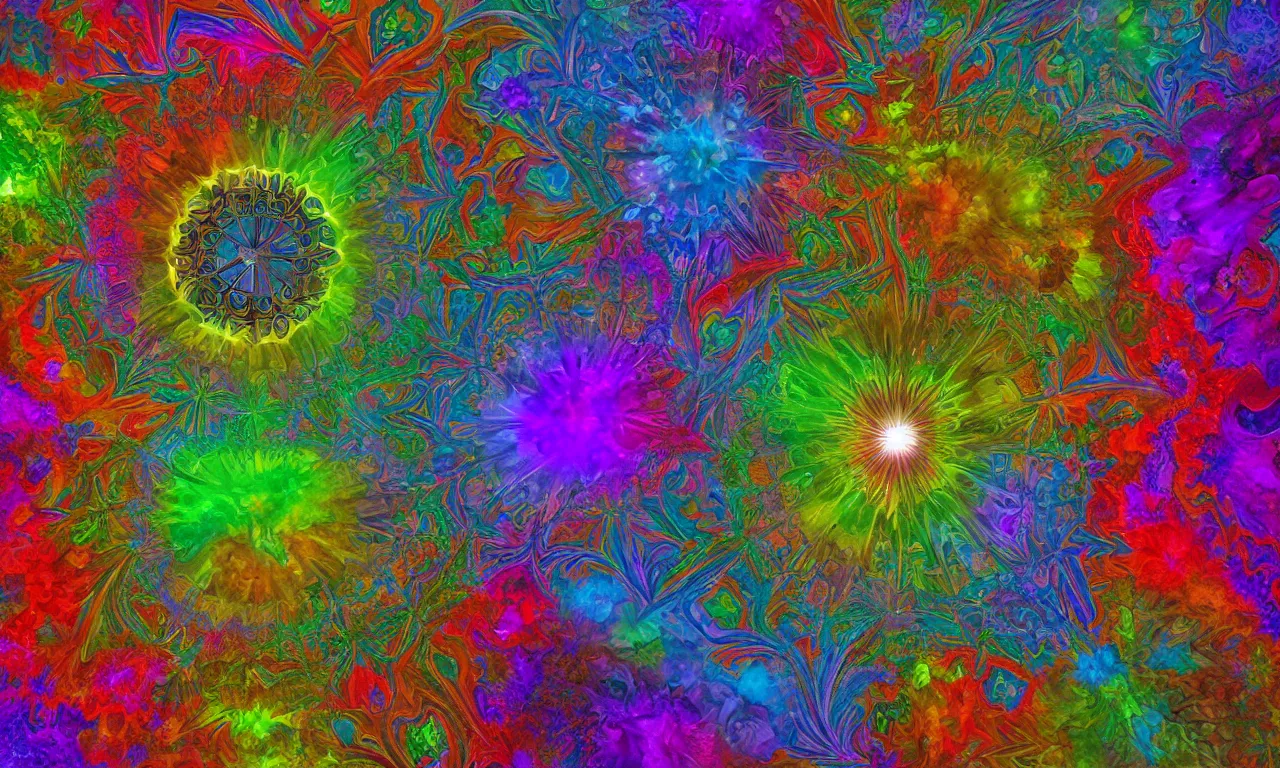 Image similar to acrylics blob voronoi engine laboratory 3 d volume kaleidoscope mandala fractal chakra digital multicolor stylized concept substance liquid nebula stone, a spectacular view cinematic rays of sunlight comic book illustration, by john kirby radiating a glowing aura global illumination ray tracing hdr depth fog overlay multiply photoshop layer