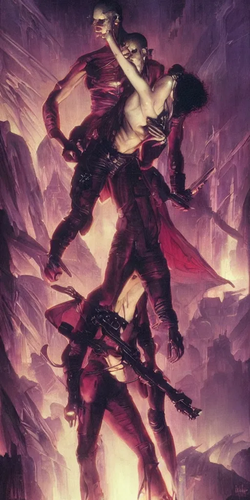 Image similar to epic masterpiece 80s movies poster cyberpunk vampires, neon, atmospheric, photograph by Edgar Maxence and Ross Tran and Michael Whelan, boris vallejo, frank frazetta, mitch foust