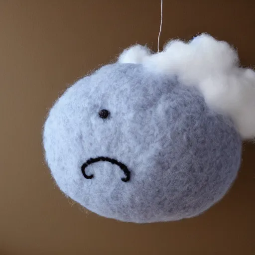 Image similar to smiling storm cloud made out of fur, knitted wool