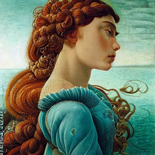 Image similar to intricate detail, hyper detail, drunk woman, very tired, wearing full body mans suite, hazel green eyes, teal eyebrows, with aqua neon rapunzel dreadlocks, detailed, by sandro botticelli, gaston bussiere, h. r. giger, masterpiece, sharp focus,