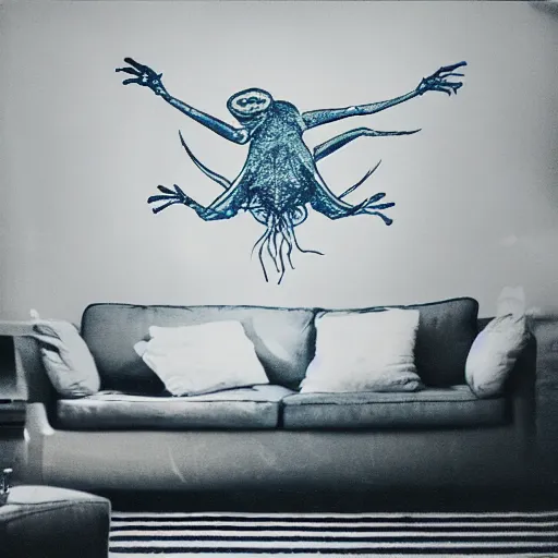 Prompt: a cyanotype of a strange creature crawling on the ceiling of a living room