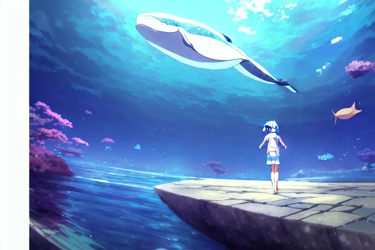 Image similar to a panorama distant view under the water, anime art full body portrait character concept art, hyper detailed cg rendering of a cute girl and whale, anime key visual of children of the sea, finely detailed perfect face, style of raphael lacoste, makoto shinkai, violet evergarden, studio ghibli, james jean, hayao miyazaki, extremely high quality artwork