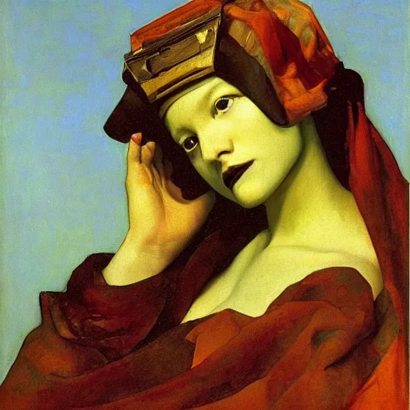 Image similar to gena rowlands by Annie Swynnerton and Nicholas Roerich and Vermeer, strong dramatic, cinematic lighting, ornate crown, lost civilizations, smooth, sharp focus, extremely detailed