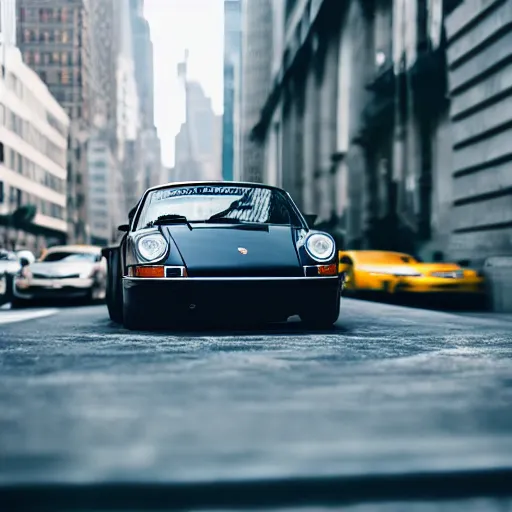 Image similar to photo of a porsche 9 1 1 9 6 4 drifting through nyc, cinematic, motion blur, shallow dof, 3 5 mm, heli shot, macro