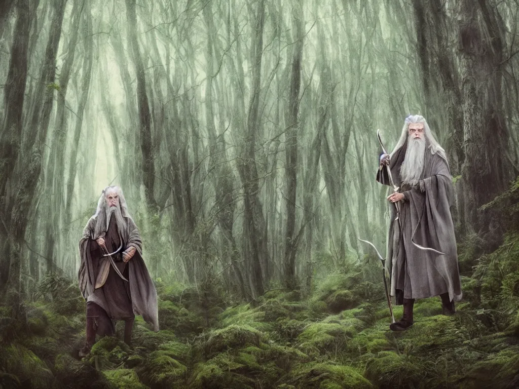 Prompt: Gandalf the Grey travelling in the forest, neo-romanticism, colorful