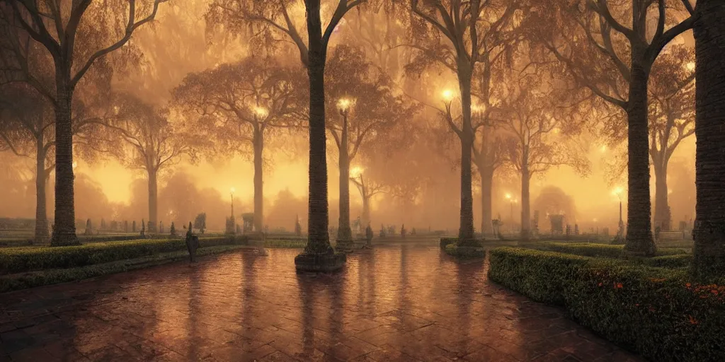 Image similar to beautiful render of glorious palace gardens, by lee madgwick and hubert robert, blade runner style, orange glow, vivid color, moody lighting, unreal engine, foggy