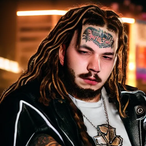 Image similar to a videogame still of Post Malone in Tekken 7, portrait, 40mm lens, shallow depth of field, close up, split lighting, cinematic