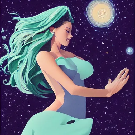 Prompt: A beautiful mixed media art of a woman with long flowing hair, wild animals, and a dark, starry night sky. mint green by Hiroshi Nagai, by Artgerm unplanned, ecstatic