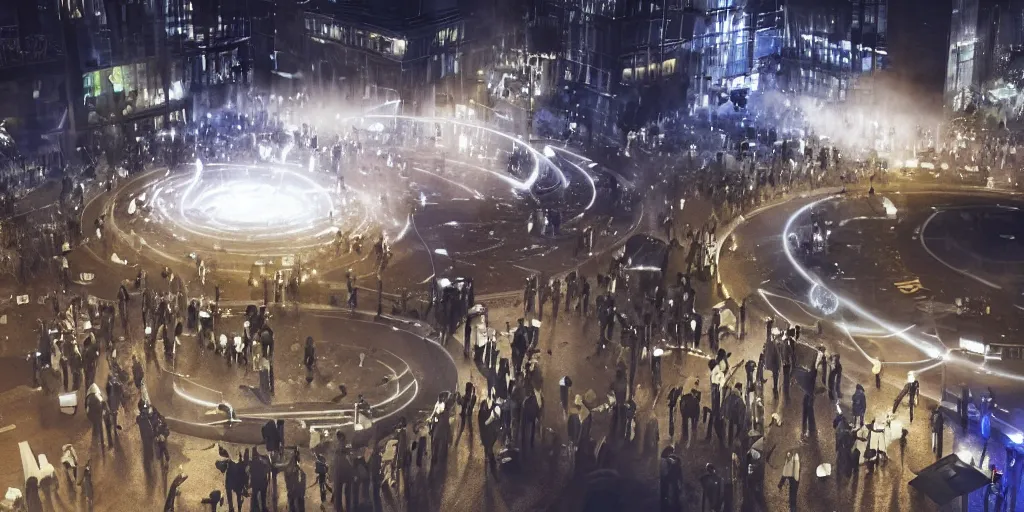 Image similar to policemen protecting a huge spiral - shaped bright white luminous attractor right in the center of the city from protesting people,, rain and light fog, professional lighting, concept art in 3 d, high detail, professional lighting, unreal engine