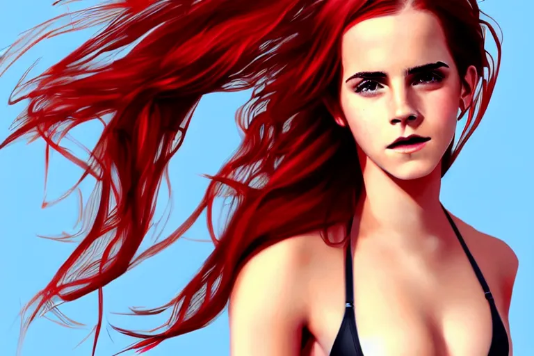 Prompt: Red-haired beauty Emma Watson in a bikini, highly detailed, mid-shot ,pixiv , digital painting , concept art