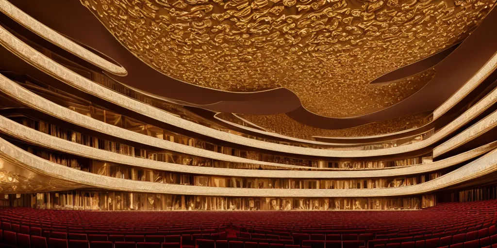 Image similar to interior view of an elaborate and opulent modern opera house, 4k octane render, detailed, extreme detail, cinematic, soft lighting, vfx