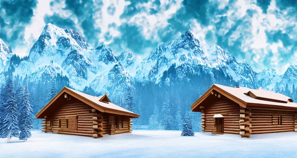 Image similar to log cabin beneath the alps, vaporwave aesthetic, matte painting 4 k