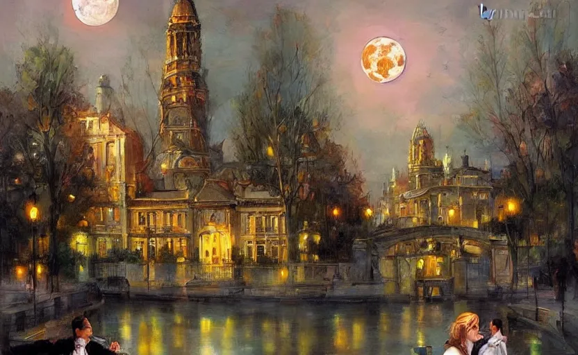 Image similar to Beautiful alchemy cityscpae, the moon is in the sky. By Konstantin Razumov, highly detailded