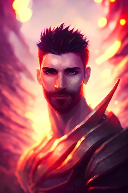 Image similar to a handsome warrior look back after shooting, blurred environment background, colorful magic effects, white skin, portrait, male, clothed, sharp focus, digital art, concept art, trending on artstation, dynamic lighting, by emylie boivin and rossdraws