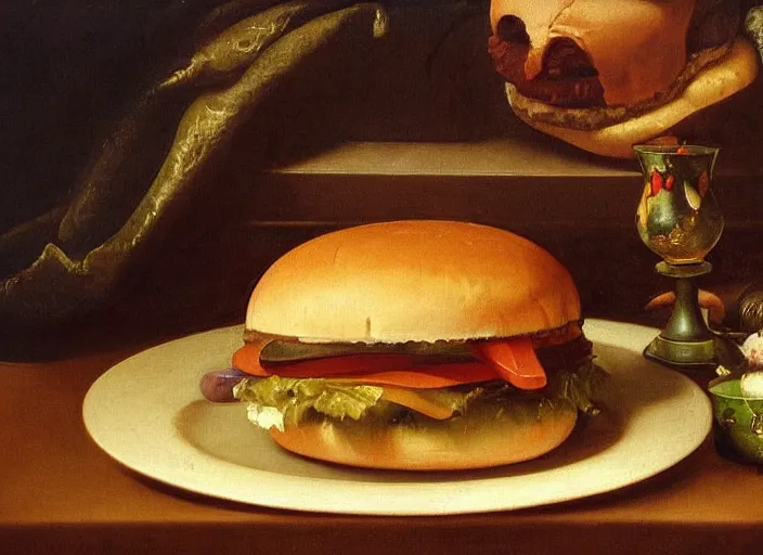 Image similar to a beautiful renaissance painting of a hamburger in style of John Singer Sargant, still life, Velasquez, trending on artstation