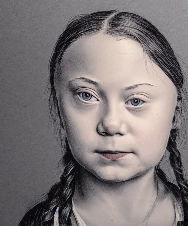 Prompt: highly detailed portrait of greta thunberg, drawn on kraft paper with red, black, and white charcoal