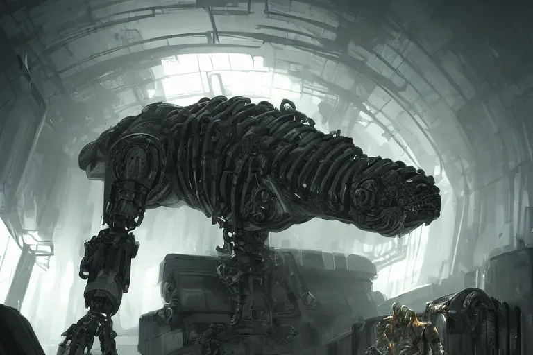 Prompt: robosaurus parallax datacenter server room interior single mono colossus white rusty robot sitting artstation cinematic detailed concept art volumetric light sharp coherent cgsociety symmetric perfect well balanced shadows lotr technogoddess simonetti