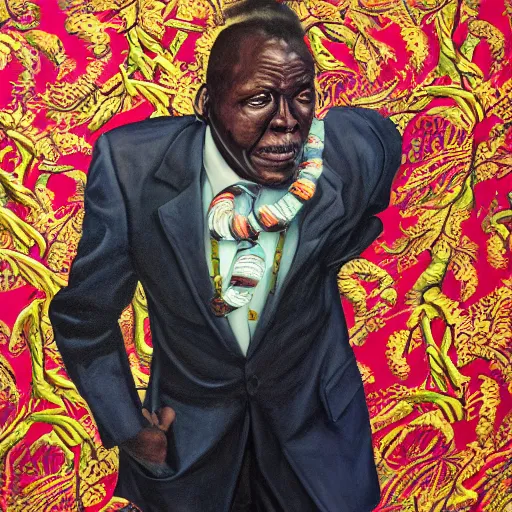 Image similar to a painting of a XXL wise elder from Kenya in a suit by Kehinde Wiley . dramatic angle, ethereal lights, details, smooth, sharp focus, illustration, realistic, cinematic, artstation, award winning, rgb , unreal engine, octane render, cinematic light, macro, depth of field, blur, red light and clouds from the back, highly detailed epic cinematic concept art CG render made in Maya, Blender and Photoshop, octane render, excellent composition, dynamic dramatic cinematic lighting, aesthetic, very inspirational, arthouse.