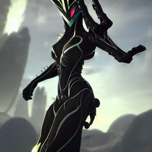 Image similar to beautiful and stunning giant prime female warframe, doing an elegant pose over you, you looking up at her from the ground pov shot, unaware of your existence, slick elegant design, sharp claws, detailed shot legs-up, highly detailed art, epic cinematic shot, realistic, professional digital art, high end digital art, DeviantArt, artstation, Furaffinity, 8k HD render, epic lighting, depth of field