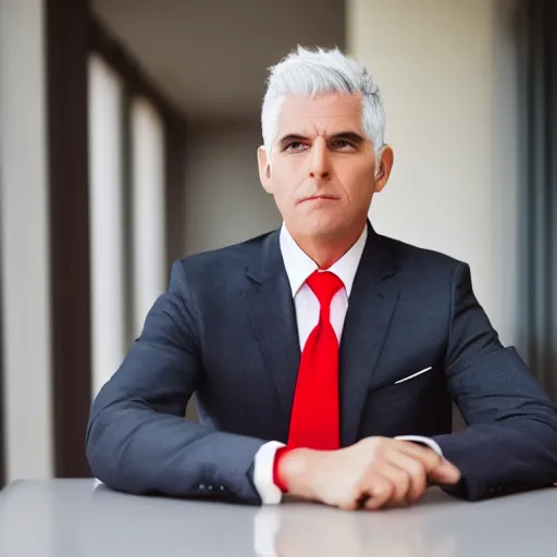 Image similar to A silver fox in a business suit and red tie.