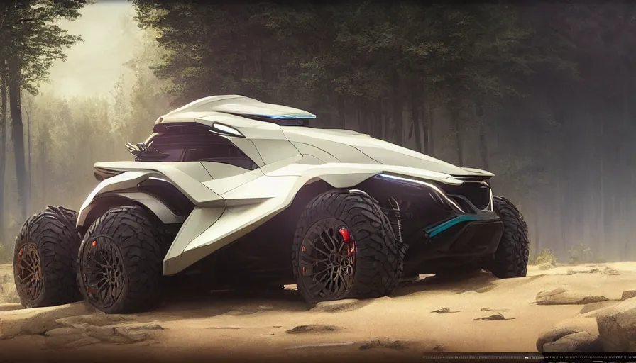 Image similar to a futuristic offroad suv by artgerm and greg rutkowski and alphonse mucha, zaha hadid, volumetric light, detailed, octane render, midsommar