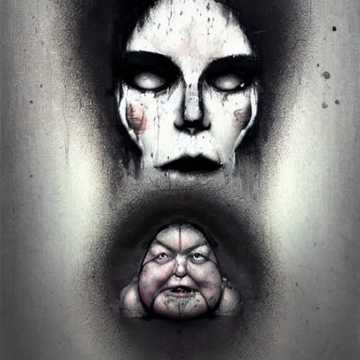 Image similar to portrait of the face of big fat old sumoringer as despair from sandman, venus of willendorf, by jeremy mann, by gregory crewdson, by bastien lecouffe deharme, by russ mills, sad face, topknot!!!, black hair, mourning, black eyes, white room, soft lightning, high detailed, 8 k