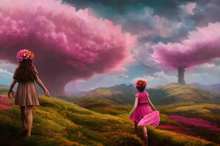 Image similar to giant dahlia flower crown under head, girl walking on dramatic mountain, surreal photography, pink storm clouds, sunset, impressionist painting, digital painting, artstation, simon stalenhag