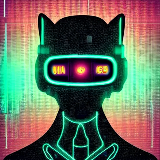 Image similar to a cute cyberpunk kitten, clear vector, vectorial curves, sci-fi, close-up, cybernetic implant, neon, cyberpunk, center frame portrait, 2D, matte-painting