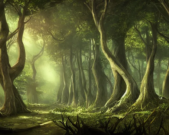 Image similar to deciduous forest in a humid subtropical climate, award winning fantasy concept art