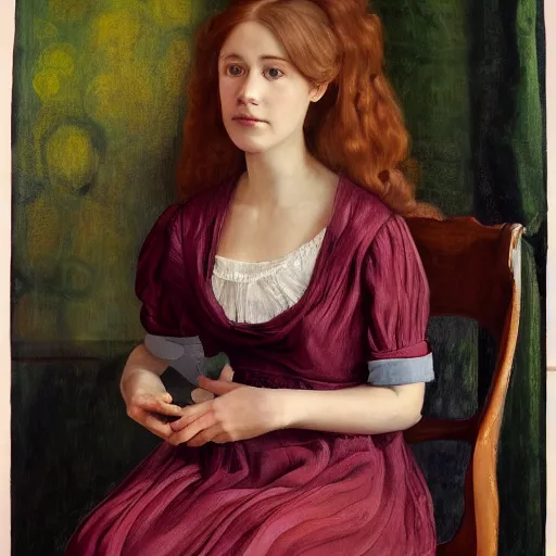 Image similar to a painting of a woman sitting on a chair, a character portrait by lydia field emmet, behance contest winner, figurative art, pre - raphaelite, studio portrait, photoillustration