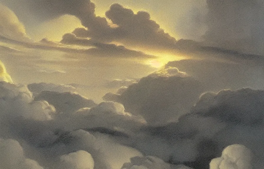 Image similar to Gates of heaven in the clouds by ralph mcquarrie, concept art, ultra realistic, super detailed, photorealistic, cinematographic, epic lighting, religious