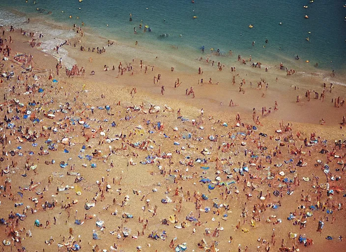 Image similar to close-up color film photography 1970s, aerial view of the beach with a lot of people, soft focus, golden hour, soft light, 35mm, film photo, Joel Meyerowitz