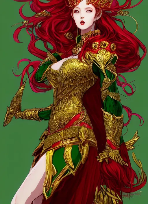 Image similar to Full body portrait of a beautiful red haired elven queen wearing red, green and gold ceremonial queen dress and elaborate golden crown. In style of Yoji Shinkawa and Hyung-tae Kim, trending on ArtStation, dark fantasy, great composition, concept art, highly detailed.