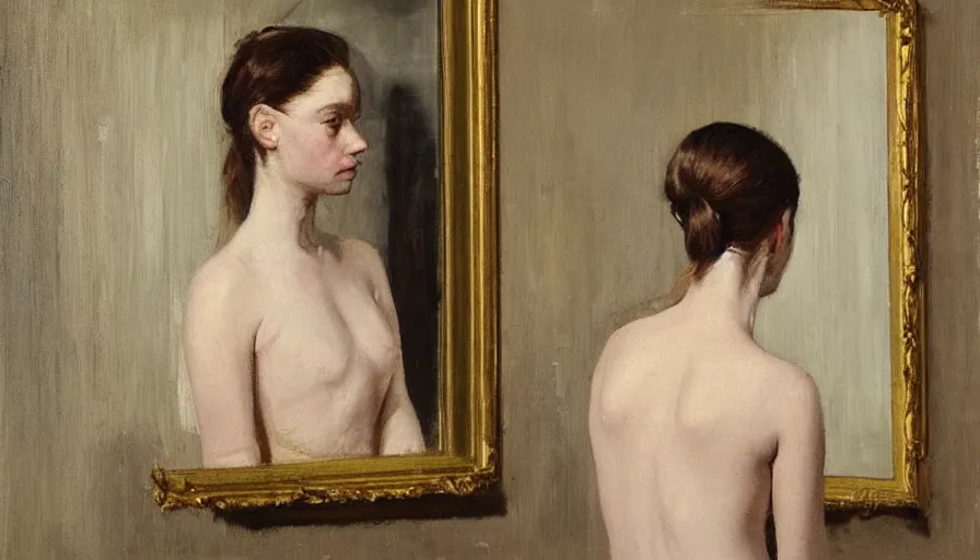 Image similar to painting by borremans, young woman in front of the mirror, detailed, stunning