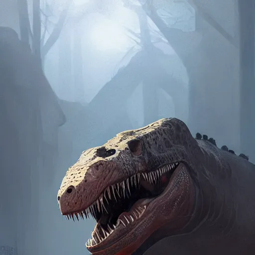 Image similar to a portrait of a trex, dramatic lighting, cinematic, establishing shot, extremly high detail, photorealistic, cinematic lighting, artstation, style by greg rutkowski