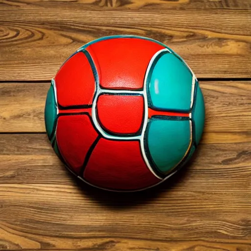 Image similar to a basketball made out of colorful glazed terracotta on a wooden table