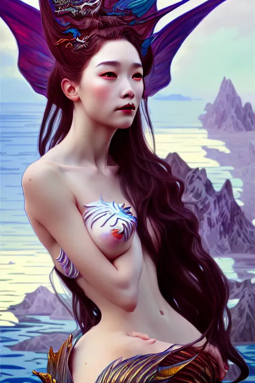 Image similar to portrait mermaid with a dragon tail, chinese dragon concept art, d & d, highly detailed, digital painting, artstation, sharp focus, illustration, art by tan zi and ayanamikodon and alphonse mucha and wlop