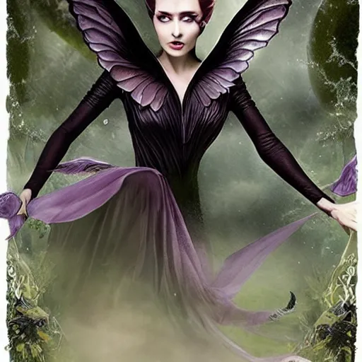 Image similar to fairy with wings, similar to maleficent, fantasy, lord of the rings, dark mood