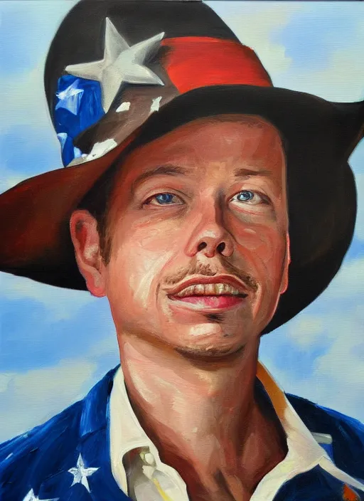 Image similar to oil painting portrait of brock pierce, american flag on background, cowboy style.