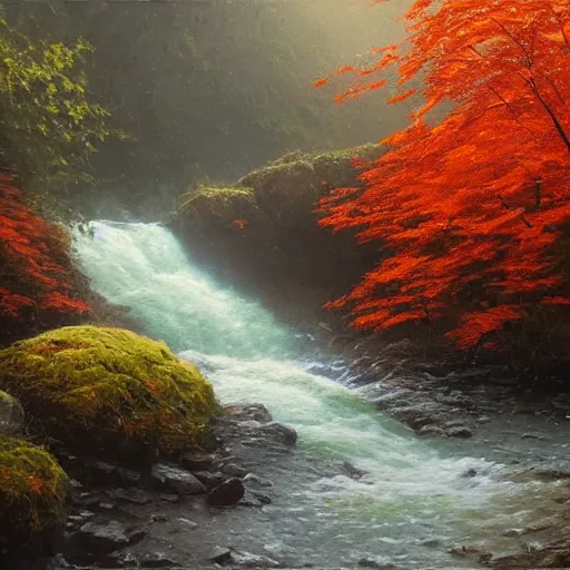 Prompt: A highly detailed oil painting by Greg Rutkowski and Thomas Kinkade of a secret cave with lots of dark grey rocks, and a river flowing through the middle of it, with a single tree growing in the river with lots of bright red and orange leaves.
