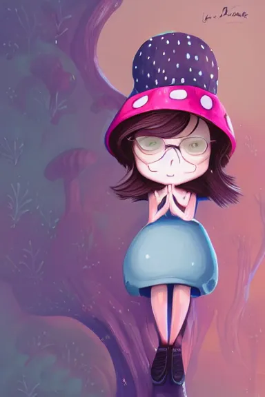 Prompt: a little girl wearing a mushroom hat in dress sitting | | purple curvy hair, pretty face, fine details, digial art by lois van baarle and rhads, anatomically correct, perfect composition, symmetrical, fantastic, clean details, anime character, extremely detailed