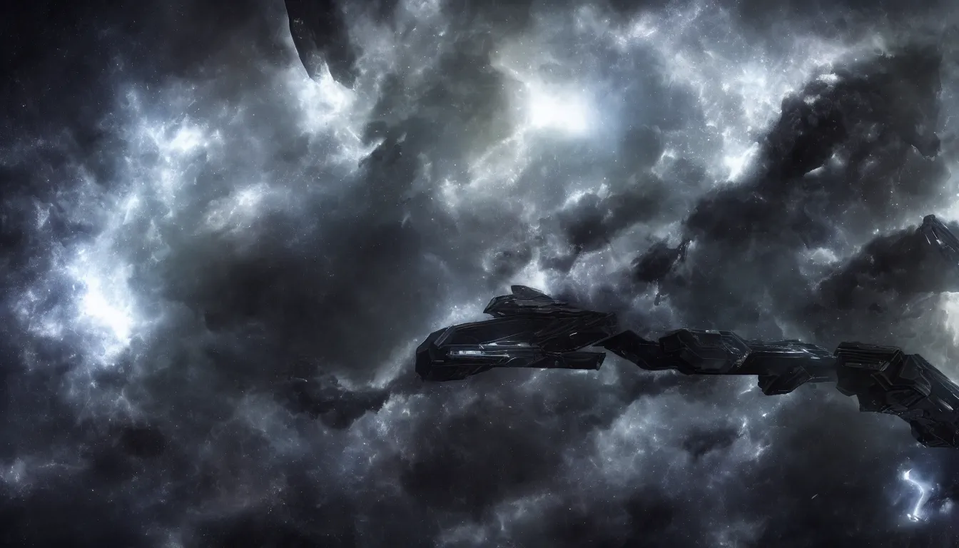 Prompt: panorama of an ominous dark nebula with a derelict stargate, eve online, octane render