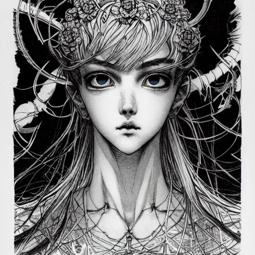 Image similar to prompt: Fragile looking vessel portrait soft light drawn by Vania Zouravliov, inspired by Akira 1988 anime, magical and alchemical weapons, soft light, white background, intricate detail, intricate ink painting detail, sharp high detail, manga and anime 2000