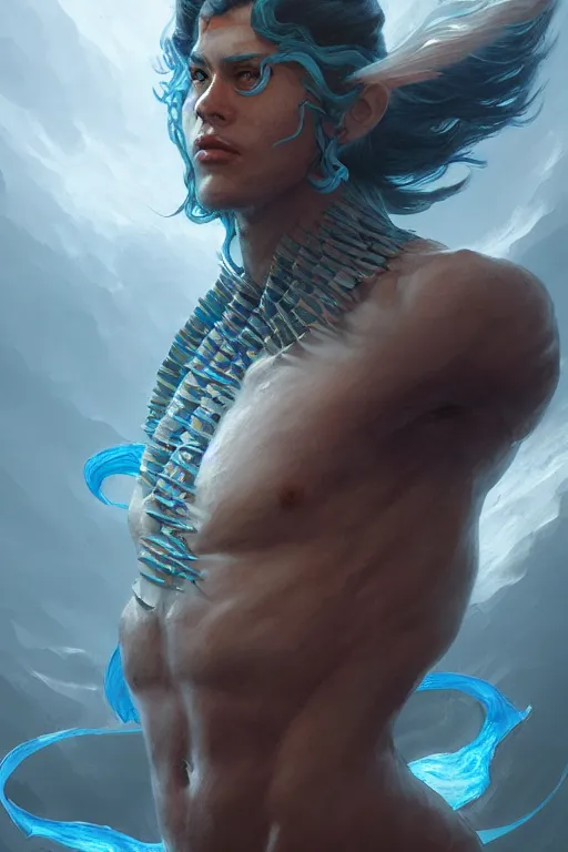 Image similar to young male sea god of the vietnamese, highly detailed, digital painting, artstation, concept art, smooth, sharp focus, illustration, unreal engine 5, 8 k, art by artgerm and greg rutkowski and edgar maxence