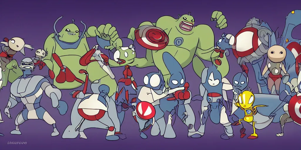 Image similar to the snorks in the avengers, animation, studio ghibli style