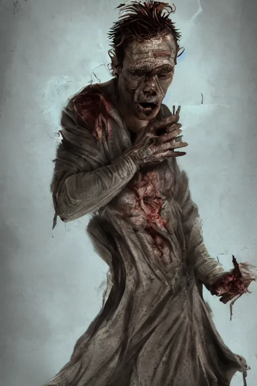 Prompt: A deranged tiny filthy man looking like Willem Dafoe wearing long dark damaged ripped robes showing a magic paper scroll, camera looking down upon, long fingernails, unclipped fingernails, sharp fingernails, focus on face, sharp focus, digital painting, trending on artstation, concept art, fantasy, medieval