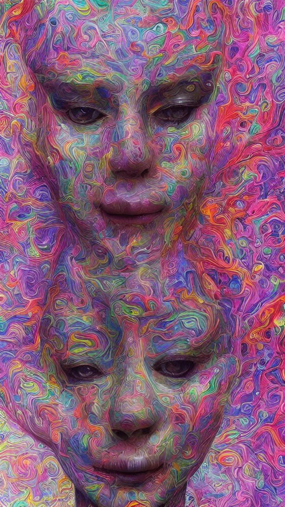 Prompt: hyperrealistic abstract close-up female! portrait Renaissance psychedelic!! celestial happy! pure creature!! perfect!! face! peaceful! kind spirit of nature! beautiful fractal!! eyes! highly detailed concept art eric zener elson peter cinematic hard rainbow lighting high angle hd 8k sharp shallow depth of field endless, inspired by Zdzisław Beksiński Salvador Dali