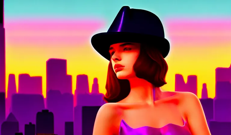 Image similar to a beautiful and immaculate young teenager girl with fedora hat. synthwave. outrun style. trending on artstation. recommended for you behance. by chris moore. by edward hopper. metropolis filmic. gotham city.